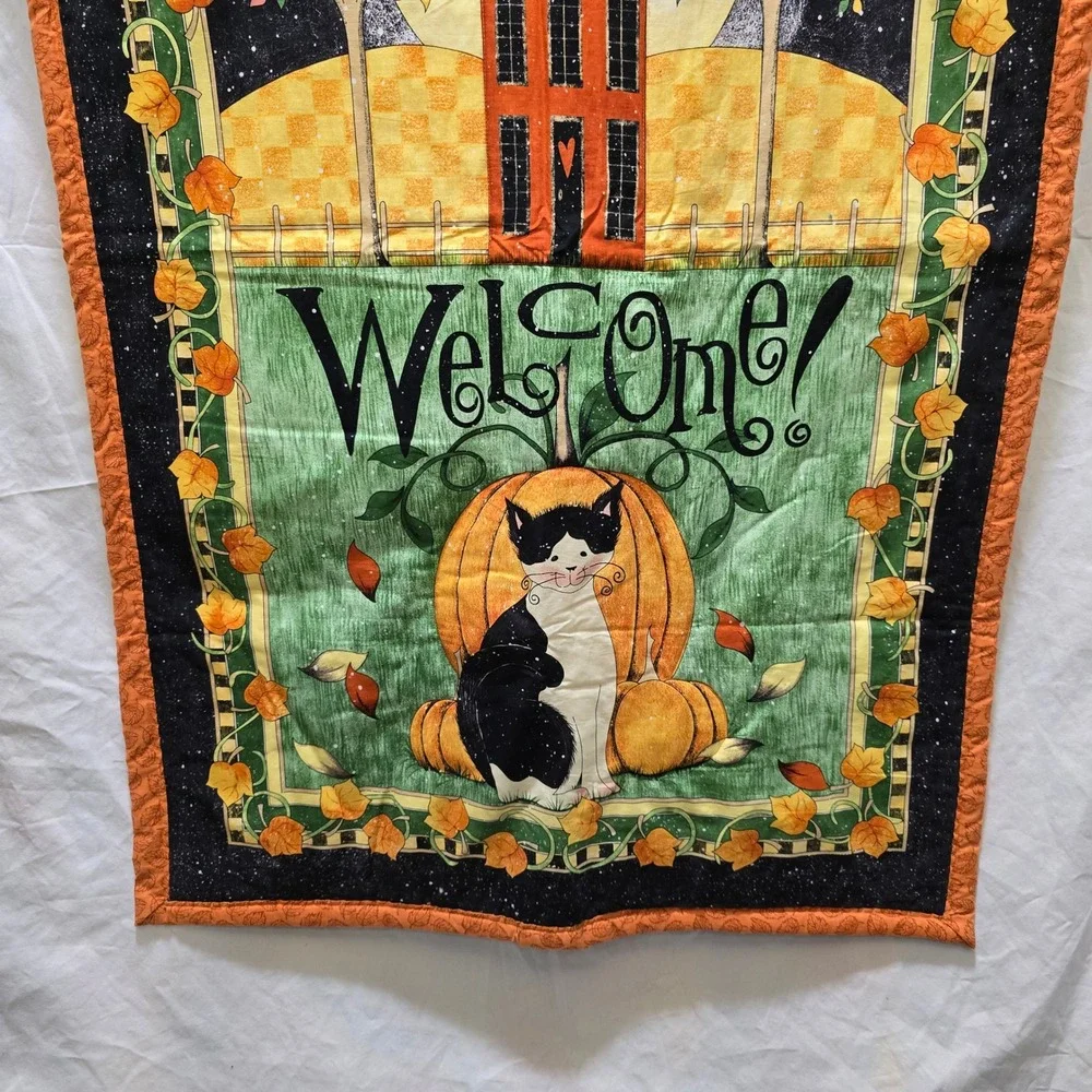 Handmade Halloween Welcome Banner Quilt Cat Pumpkin Crow House Fall Autumn Decor